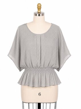 100% Silk Ella Moss Gray Polka Dot Dolman Sleeve Smocked Waist Blouse